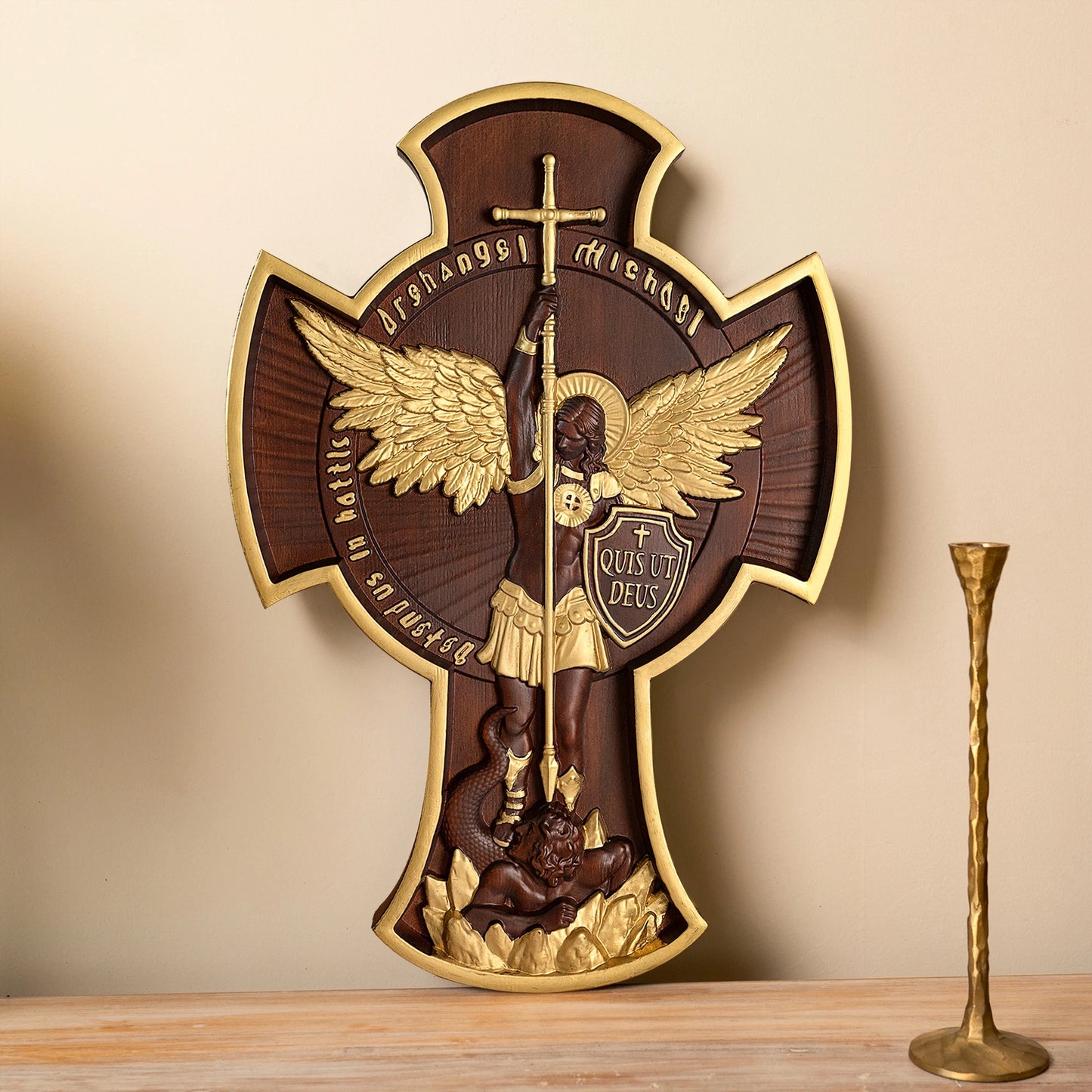 Saint Michael Archangel Cross St. Michael Statue Patron Saint Religious Figure Home Wall Decor Wooden Christian Gift