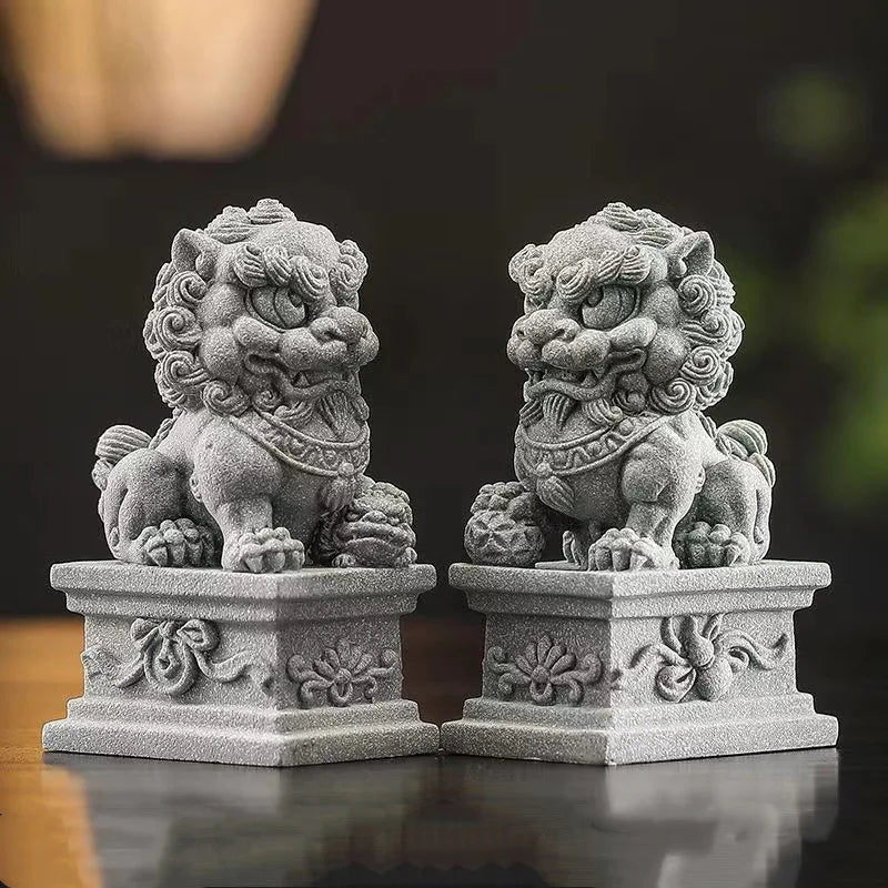 Sandstone Beijing Lions Statue Chinese Traditional Mascot Home Room Office Feng Shui Patron  Saint Animals Statue