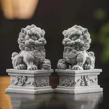 Sandstone Beijing Lions Statue Chinese Traditional Mascot Home Room Office Feng Shui Patron  Saint Animals Statue