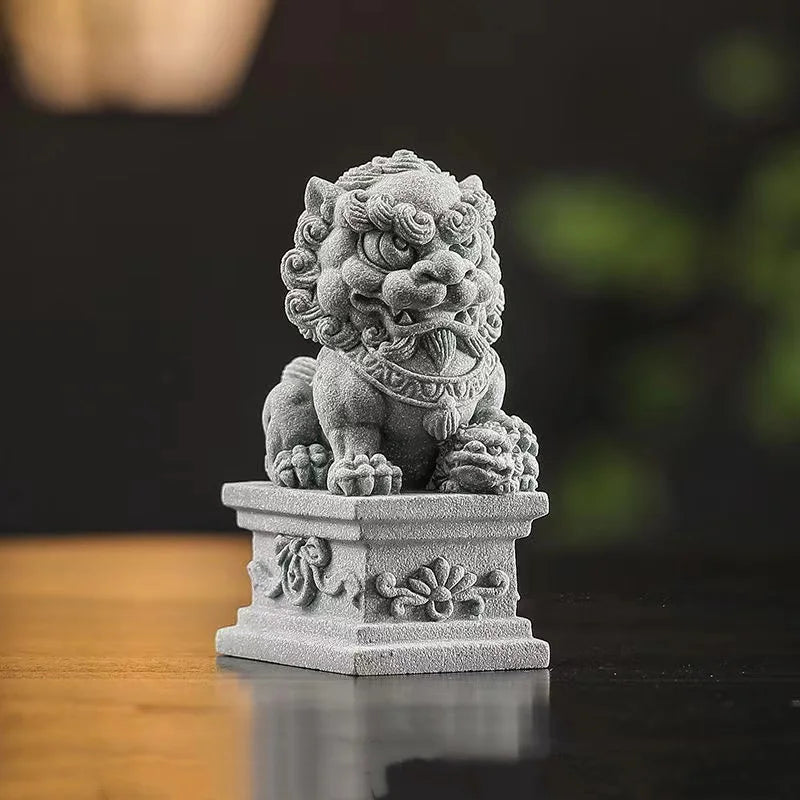 Sandstone Beijing Lions Statue Chinese Traditional Mascot Home Room Office Feng Shui Patron  Saint Animals Statue