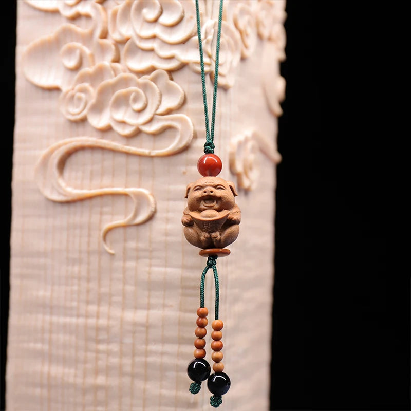 Santalum Wood 2cm Traditional Chinese Animal Sculpture Chinese Zodiac Pig Pendant Car Hanging Bag Pendant Mascot Collection