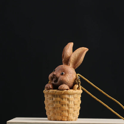 Santalum Wood 5.3cm Animal Sculpture Rabbit Flower basket Pendant Car Hanging Bag pendant Mascot Collection
