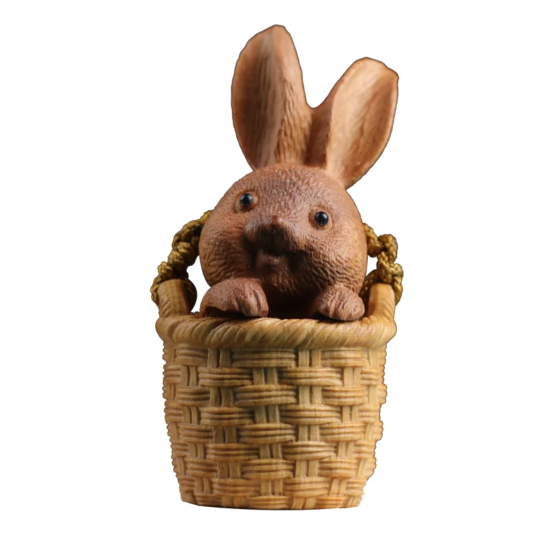 Santalum Wood 5.3cm Animal Sculpture Rabbit Flower basket Pendant Car Hanging Bag pendant Mascot Collection
