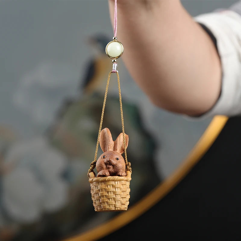 Santalum Wood 5.3cm Animal Sculpture Rabbit Flower basket Pendant Car Hanging Bag pendant Mascot Collection