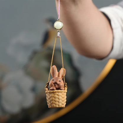 Santalum Wood 5.3cm Animal Sculpture Rabbit Flower basket Pendant Car Hanging Bag pendant Mascot Collection