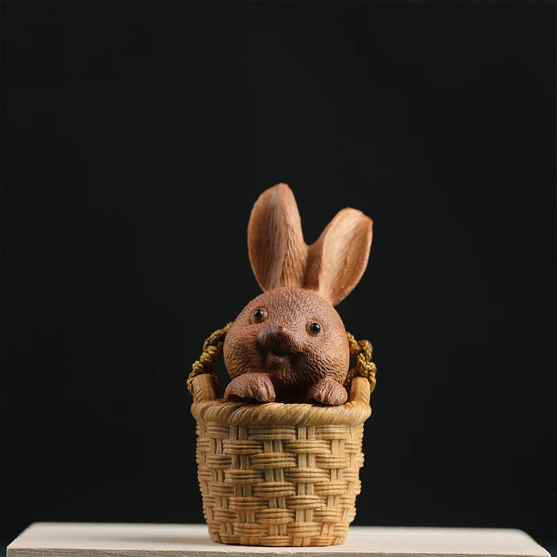 Santalum Wood 5.3cm Animal Sculpture Rabbit Flower basket Pendant Car Hanging Bag pendant Mascot Collection