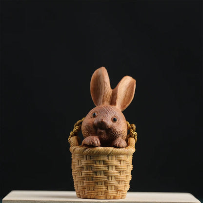 Santalum Wood 5.3cm Animal Sculpture Rabbit Flower basket Pendant Car Hanging Bag pendant Mascot Collection