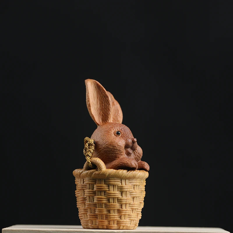 Santalum Wood 5.3cm Animal Sculpture Rabbit Flower basket Pendant Car Hanging Bag pendant Mascot Collection