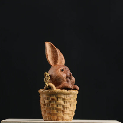 Santalum Wood 5.3cm Animal Sculpture Rabbit Flower basket Pendant Car Hanging Bag pendant Mascot Collection