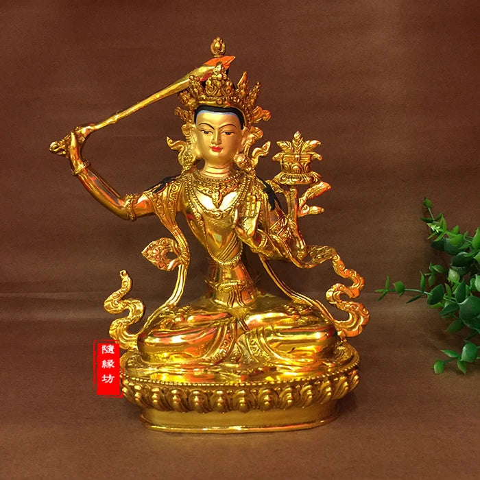 GOOD --22cm Buddhist Buddhism efficacious Protection Tibet Nepal Gold-plated the Bodhisattva Manjusri brass Buddha statue