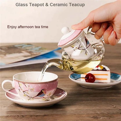Flower Tea Pot Ceramic Teacup Saucer Heat Resistant Glass Teapot Filter Porcelain Office Coffee Cup Mug Afternoon Tea Set