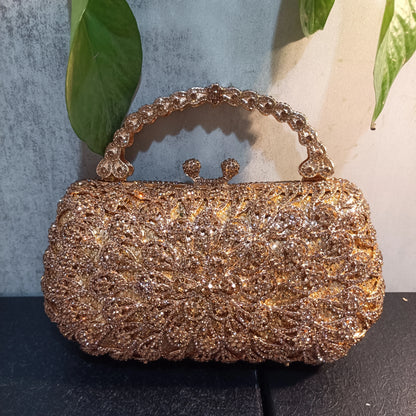 Woman Wedding Bridal Handle Gold Evening Bag Crystal Diamond Birthday Dinner Elegant Purse Flower Floral Cocktail Party Handbag