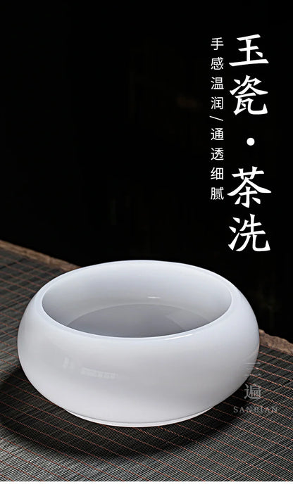 Three Times Colored Glaze Tea Wash Large Washed Tea Cup Jianshui Tea Residue Barrel Jianshui Thickened Jade Porcelain Dry Tea-