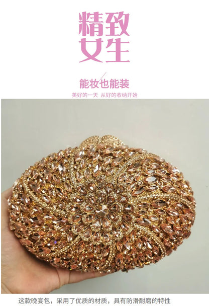 Woman Gold Pink Champagne Flower Clutch Floral Diamond Party Handbag Crystal Hollow Evening Purse Wedding Bridal Rhinestone Bag