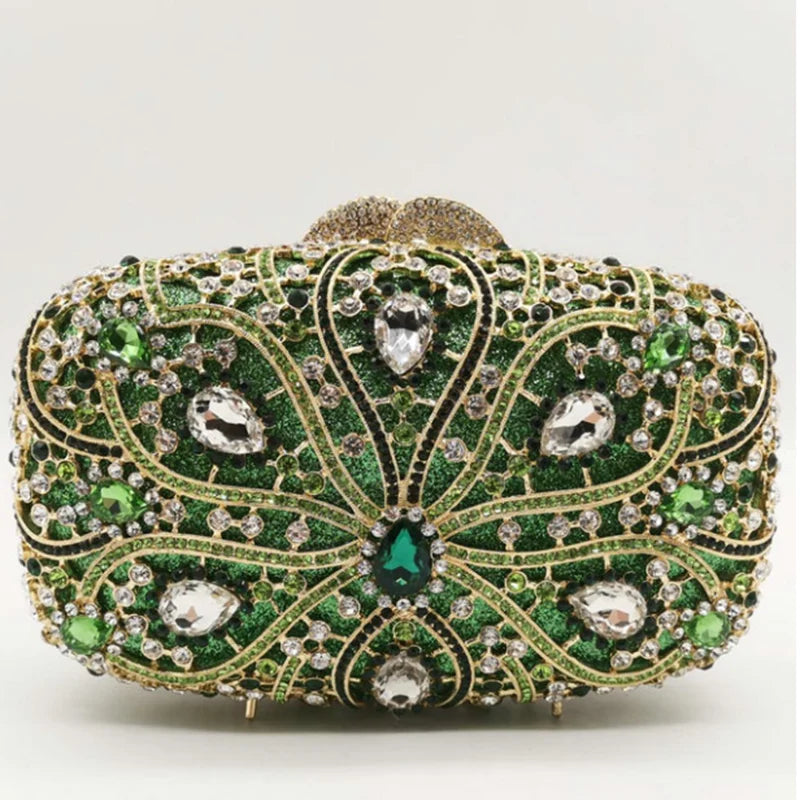 Hollow Out Flower Evening Bag Women Green White Crystal Clutches Bridal Dinner Diamond Stone Handbag Wedding Party Floral Purse