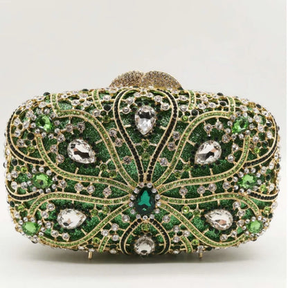 Hollow Out Flower Evening Bag Women Green White Crystal Clutches Bridal Dinner Diamond Stone Handbag Wedding Party Floral Purse
