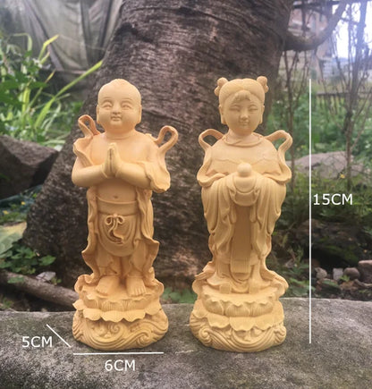 15cm Mythology Boy And Girl Boxwood Carving Crafts Chinese Home Living Room Decoration Ornaments Solid Wood Classical Figures