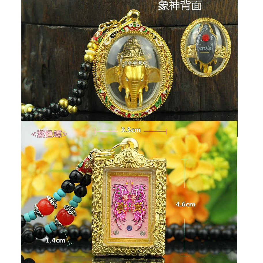 2PCS Asia Thailand Temple effective Amulet Pendant GANESH God of wealth Amulet + Good luck Marriage Butterfly talisman