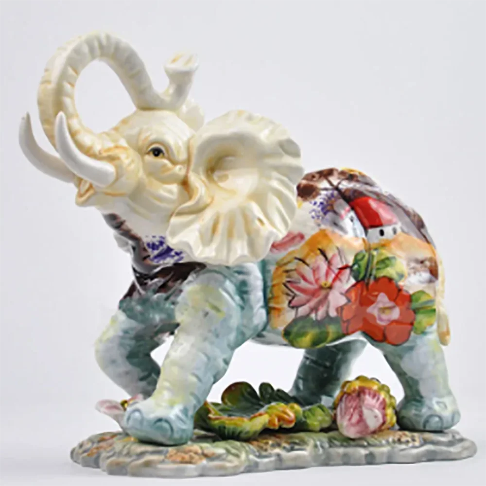 EUROPEAN STYLE HAND PAINTED WATER LILY CERAMIC ELEPHANT CRAFTS HANDICRAFT ORNAMENT PORCELAIN FIGURINES
