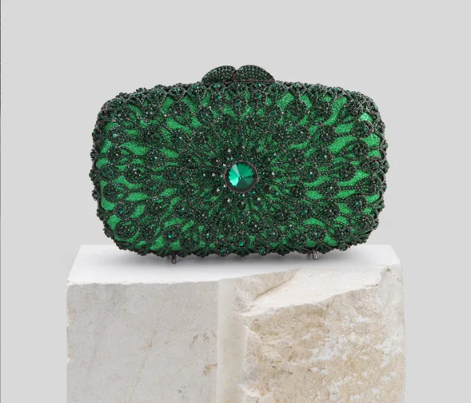 New Arrival Green Diamond Woman Clutch Bag Rhinestone Crystal Female Floral Handbag Banquet Gala Dinner Party Lady Evening Purse