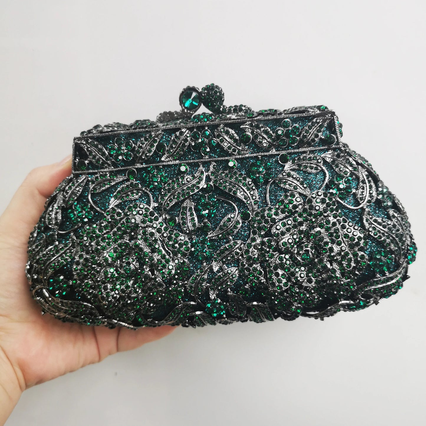 Woman Green Silver Flower Diamond Handbag Crystal Floral Female Wedding Bridal Evening Bag Party Dinner Lady Banquet Gala Purse