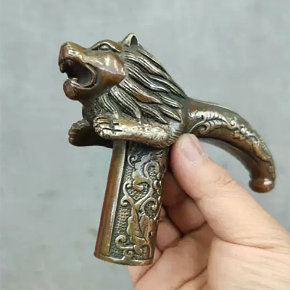 Chinese Old Bronze Hand Carved Lion Statues Antique Cane Walking Stick Head
