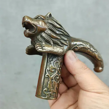 Chinese Old Bronze Hand Carved Lion Statues Antique Cane Walking Stick Head