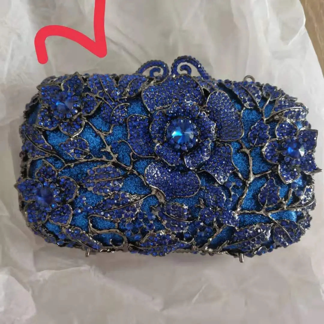 Woman Blue Red Flower Diamond Clutch Evening Purse Wedding Bridal Fashion Rhinestone Dinner Bag Banquet Party Crystal Handbag