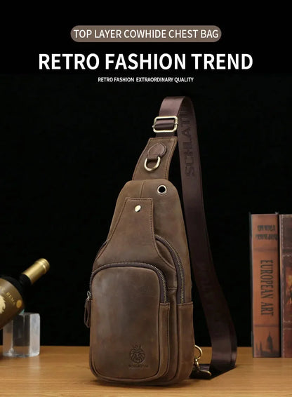 SCHLATUM New Brand Men's Chest Side Luxury Cowhide Sling Crossbody Multi Functional Shoulder Bag Casual Handbag