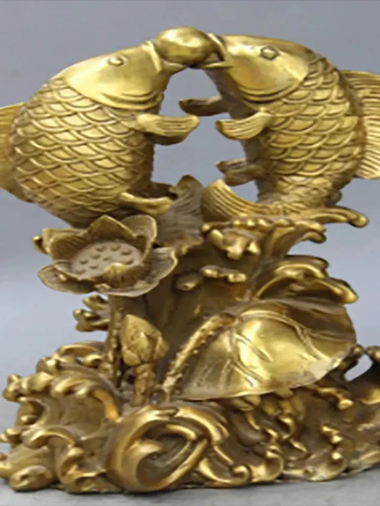 Lucky Chinese Pure Brass Two Fish Play Ball On Auspicious Lotus Leaf Statue