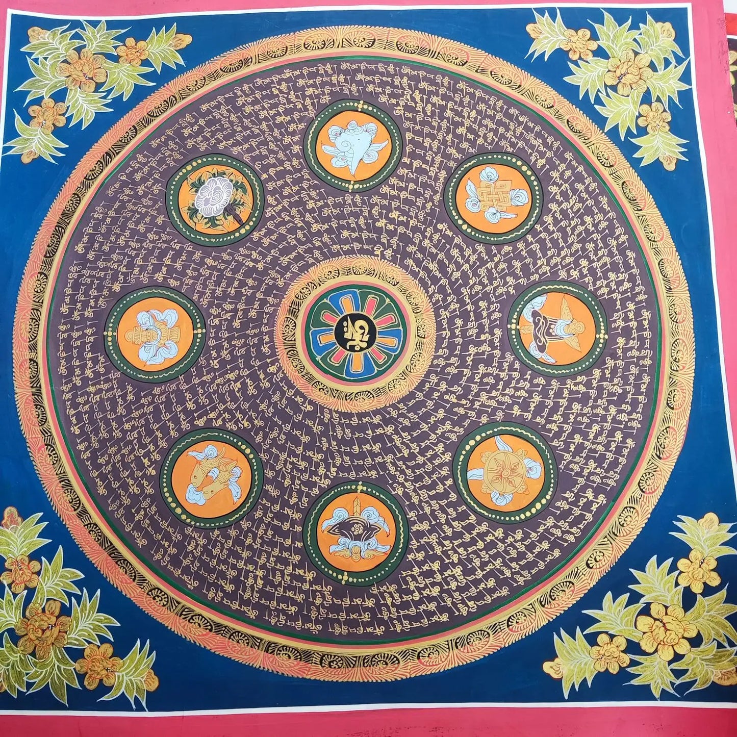 100% Hand painted Eight auspicious scripture Mandala Thangka Thang-ga Buddhist family Hall altar wall Decorative painting A4