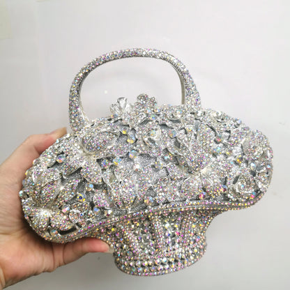 Blue Green Silver AB Flower Basket Woman Clutches Crystal Wedding Party Evening Purse Bag Diamond Bridal Birthday Dinner Handbag