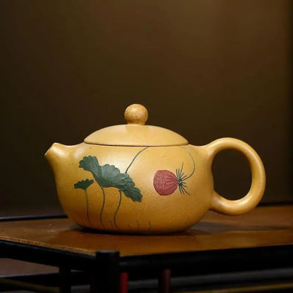 Handmade Mud-painted Lotus Xishi Teapot, Zisha Teapot, Yixing Handmade Pot, Kung-Fu Teaware, Purple Clay, Drinkware for Puer