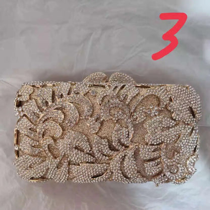 Hollow Out Flower Gold Color Bag Woman Diamond Clutch Dinner Prom Evening Purse Wedding Bridal Rhinestone Party Crystal Handbag