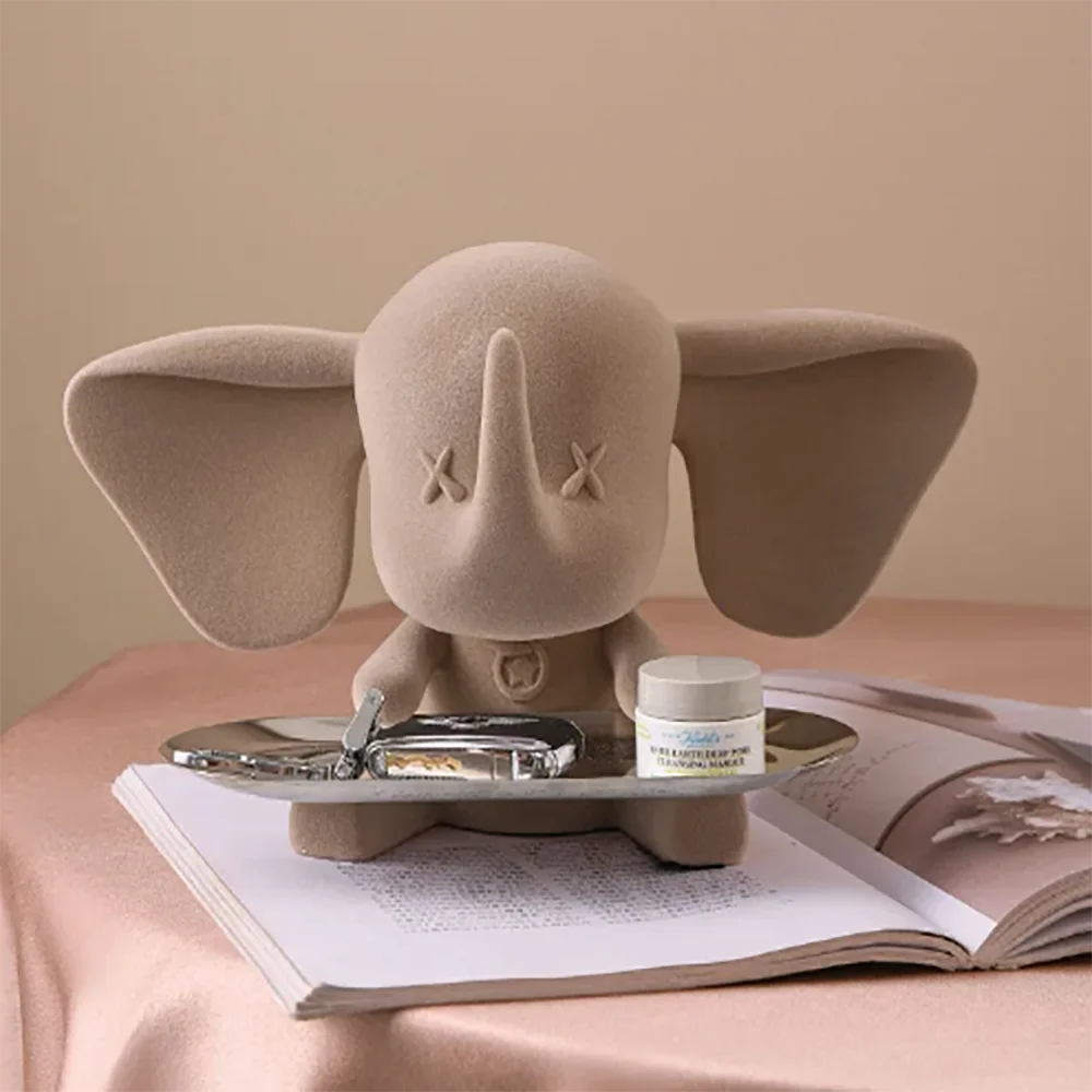 Creative Flocking Small Flying Elephant with Storage Tray Decoration Fashion Cartoon Children Toy Animal Statue Table Decoration
