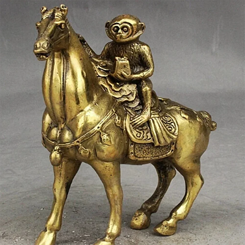 16cm bronze Pure Brass Good value Lucky Folk China Fengshui Brass Monkey Ride Horse Ma Shang Feng Hou Auspicious Statue