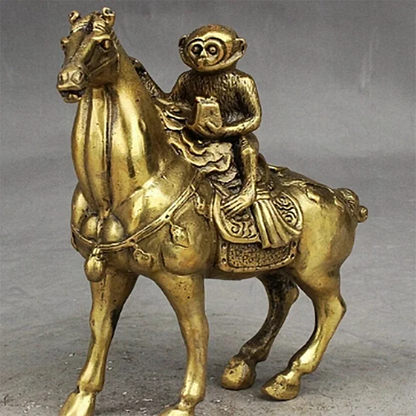 16cm bronze Pure Brass Good value Lucky Folk China Fengshui Brass Monkey Ride Horse Ma Shang Feng Hou Auspicious Statue