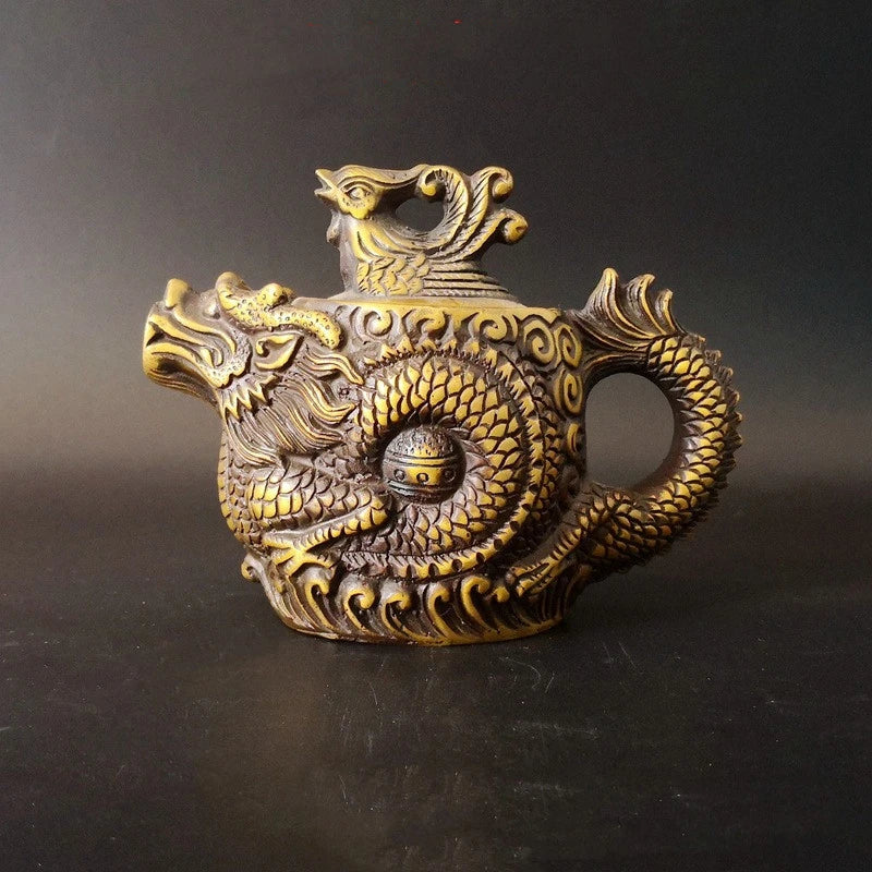 Old Collection Ancient Tibetan Brass Chinese Hand Graving Dragon Teapot Kettle Statues et Sculptures Collection Ornaments