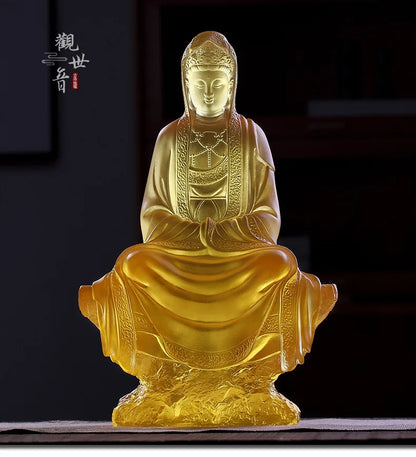 Coloured glaze Avalokitesvara ornaments Sitting statue Bodhisattva Buddha statue Home desktop decoration Buddhist tem