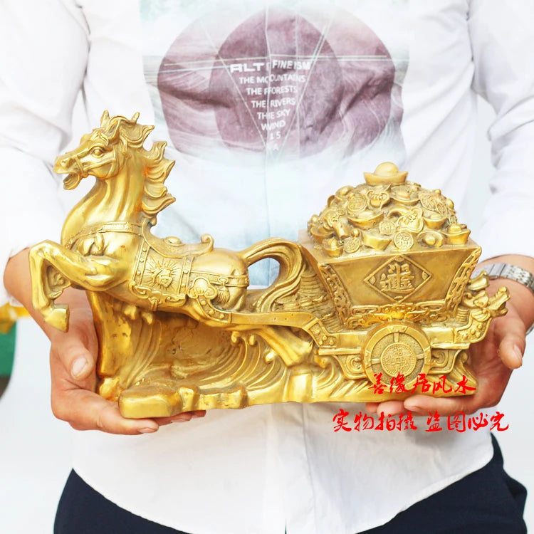 40cm large home Shop Company efficacious talisman HORSE PULL Fortune money Car business GOOD LUCK FENG SHUI brass Ornament