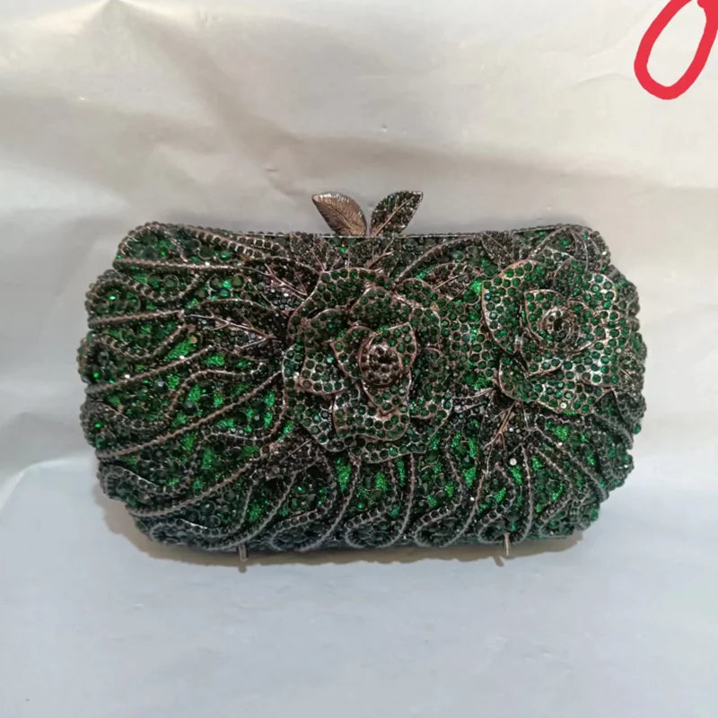 Woman Green Flower Diamond Hollow Evening Purse Bridal Dinner Prom Floral Cocktail Handbag Wedding Party Crystal Lady Clutch Bag