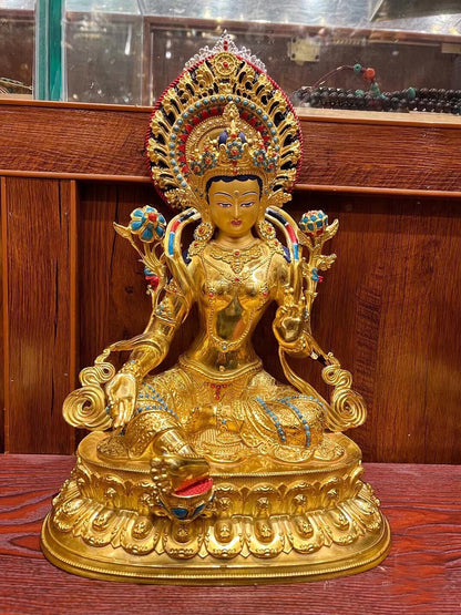 36cm large 5A GOOD Buddhism gilding copper Buddha statue HOME worship family protection Nepal Green Tara Guanyin Buddha