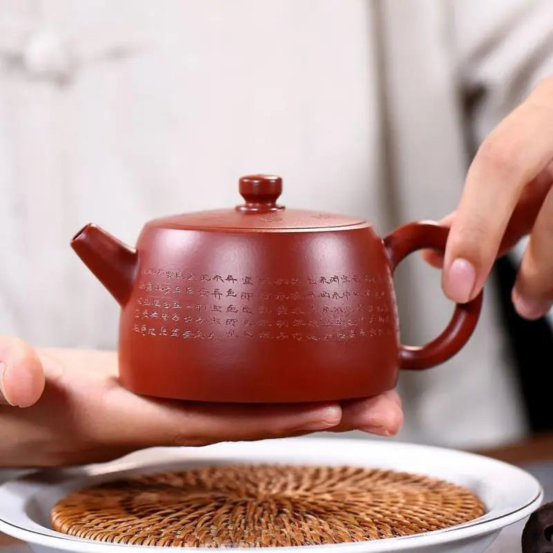 Hand-carved Heart Sutra Well Barrel Pot, Zisha Teapot, Yixing Handmade Pot, Kung-Fu Teaware, Purple Clay Drinkware for Puer