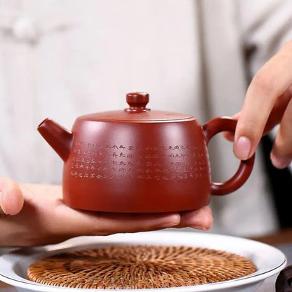 Hand-carved Heart Sutra Well Barrel Pot, Zisha Teapot, Yixing Handmade Pot, Kung-Fu Teaware, Purple Clay Drinkware for Puer