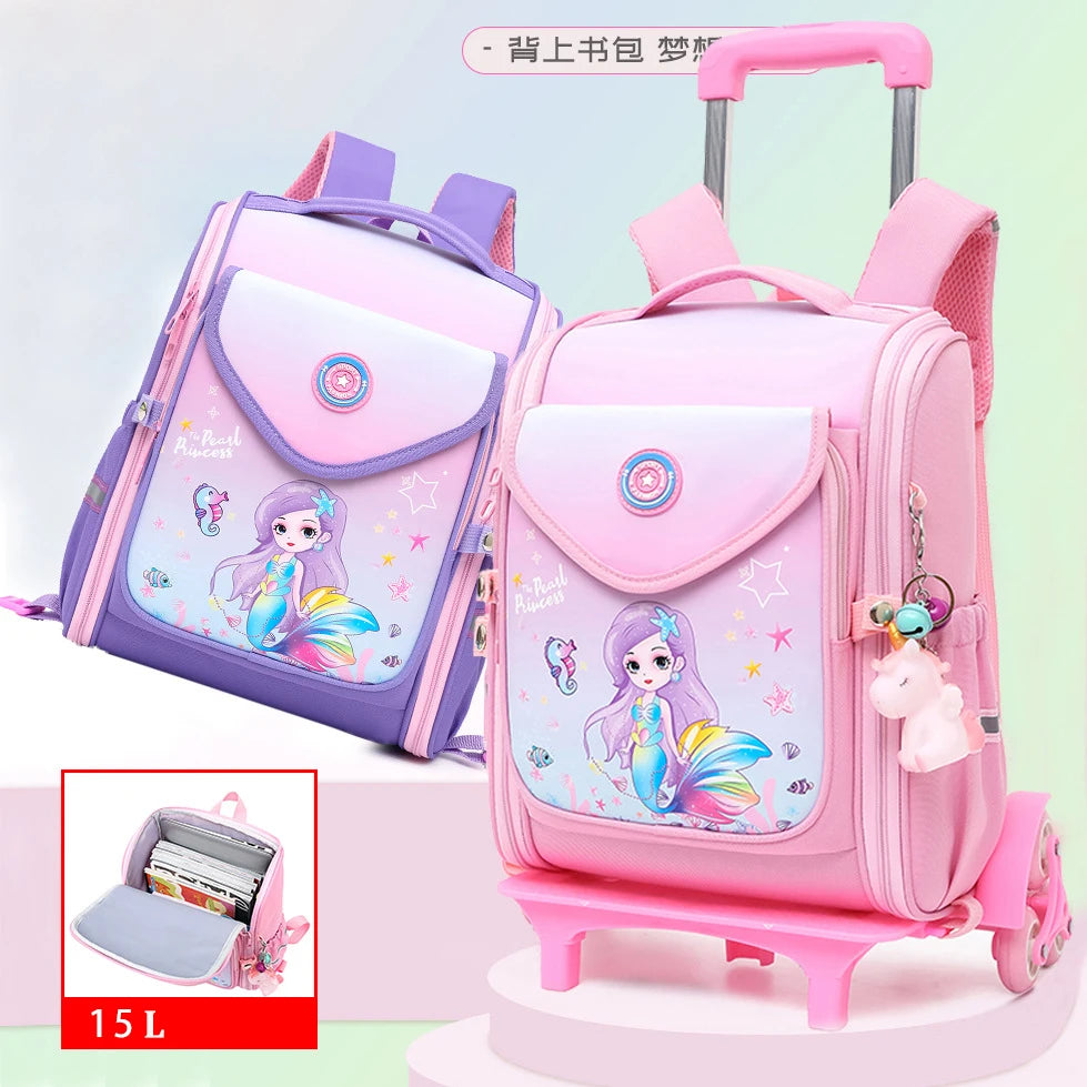 School Wheeled Cartoon school bag set for girls Trolley Bag with Wheels Backpack Rolling luggage Backpack Kids Rolling Bacpack