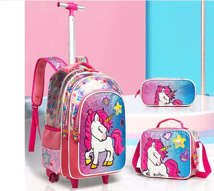 School wheeled backpack bag lunch bag set school Rolling backpack bag with wheels student school trolley backpack Bag for girls