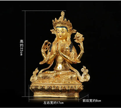 TOP GOOD # 8 inch HOME Talisman Buddhism handmade gold Four-armed Avalokitesvara Bidhisattva Buddha copper statue