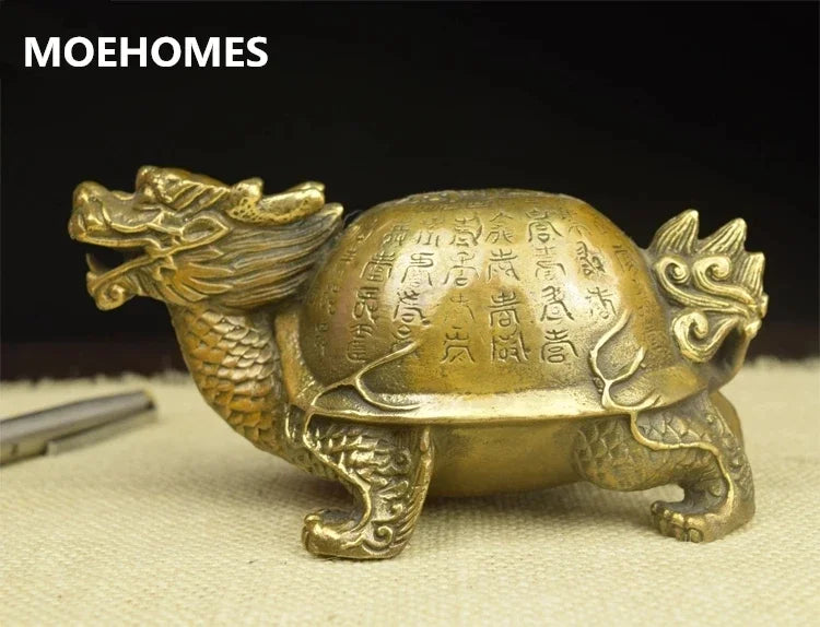 Kuno Kuno Cina FengShui Perunggu Umur Panjang 100 ShouZi Naga Kura-kura Patung Antik Dekorasi Rumah Logam Kerajinan
