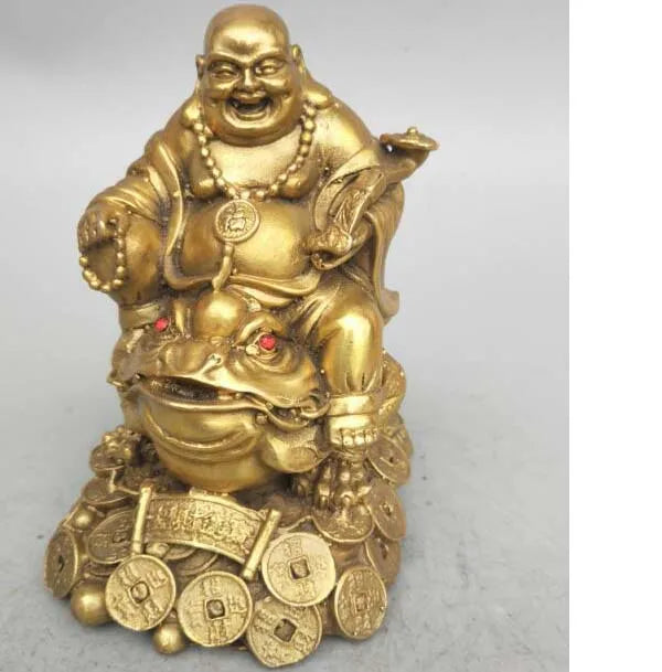 China Seiko carving pure brass maitreya Buddha sit gold toad statue