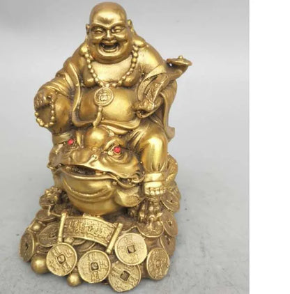 China Seiko carving pure brass maitreya Buddha sit gold toad statue